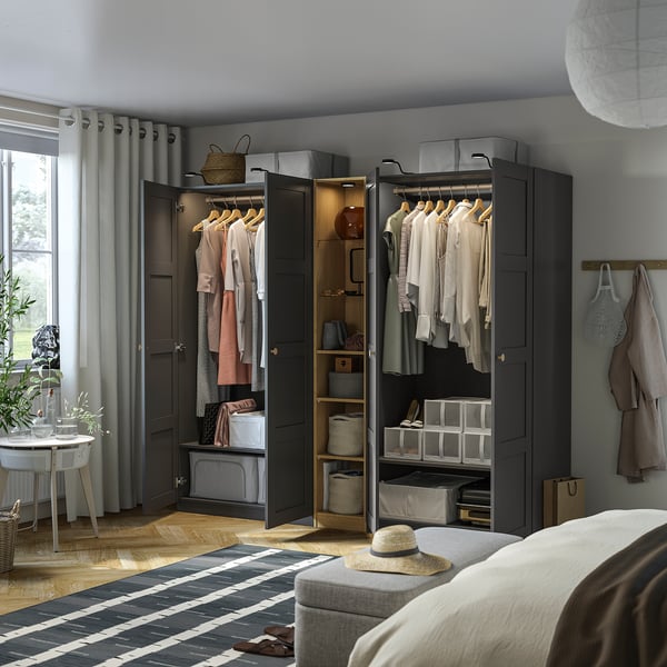 PAX / BERGSBO wardrobe combination, dark gray dark gray/ oak effect, 235x60x201 cm Wardrobe combination, dark gray dark gray/ oak effect,235x60x201 cm