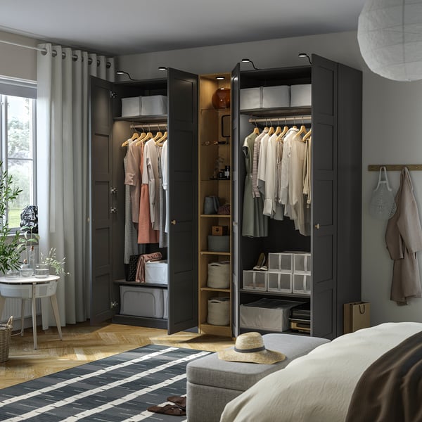 PAX / BERGSBO wardrobe combination, dark grey dark grey/ oak effect, 235x60x236 cm Wardrobe combination, dark grey dark grey/ oak effect,235x60x236 cm