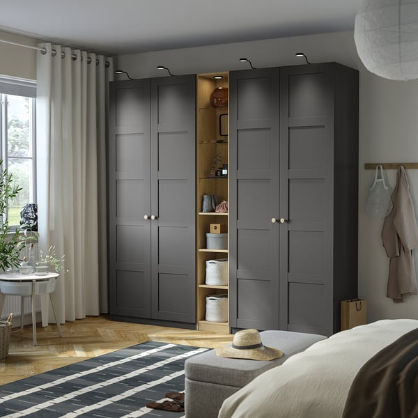 PAX / BERGSBO wardrobe combination, dark grey dark grey/oak effect, 235x60x236 cm