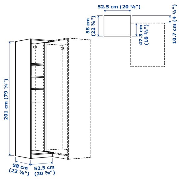 PAX add-on corner unit with 4 shelves, white, 53x58x201 cm