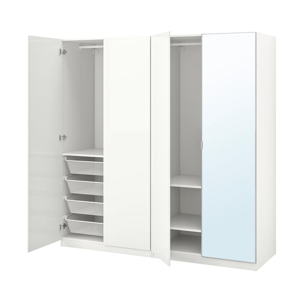 PAX / FARDAL/ÅHEIM wardrobe combination, white high-gloss/white mirror glass, 200x60x201 cm