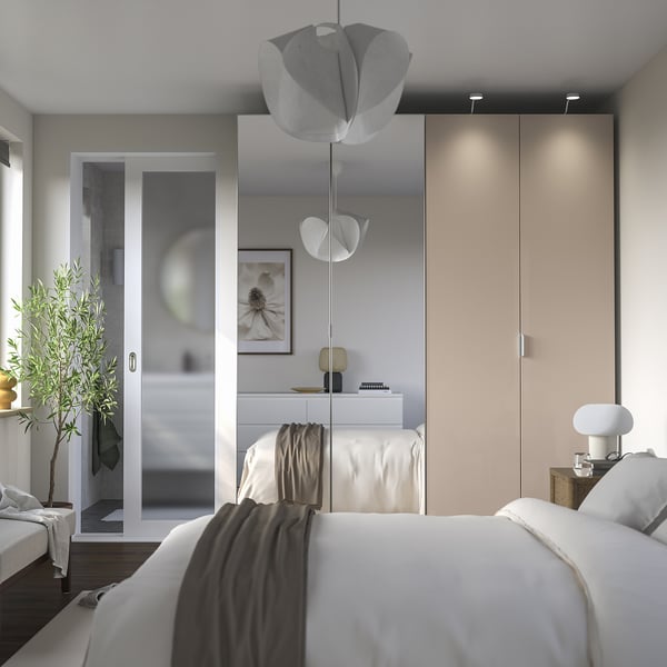 PAX / FARDAL/ÅHEIM wardrobe combination, white high-gloss/light orange mirror glass, 200x60x236 cm