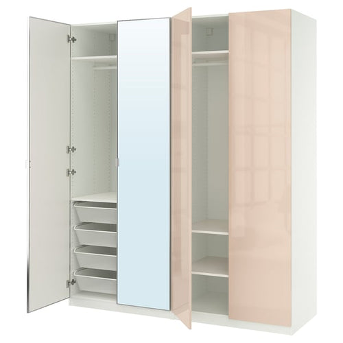 PAX / FARDAL/ÅHEIM Wardrobe combination, glossy white/salmon glass mirror, 200x60x236 cm