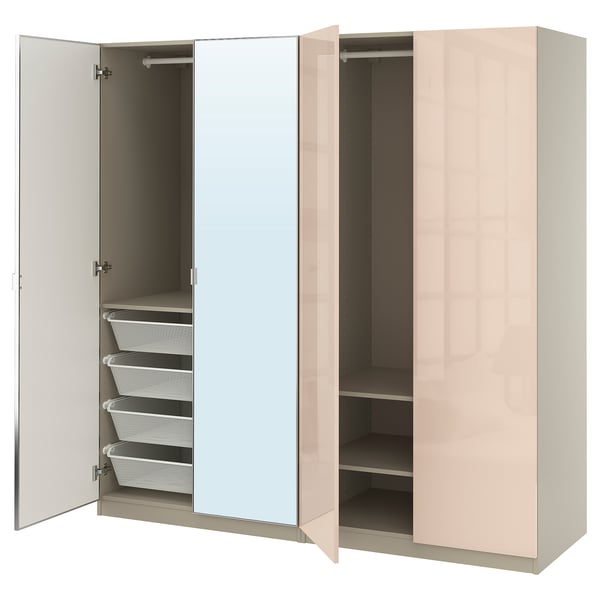 PAX / FARDAL/ÅHEIM wardrobe combination, grey-beige high-gloss/light orange mirror glass, 200x60x201 cm
