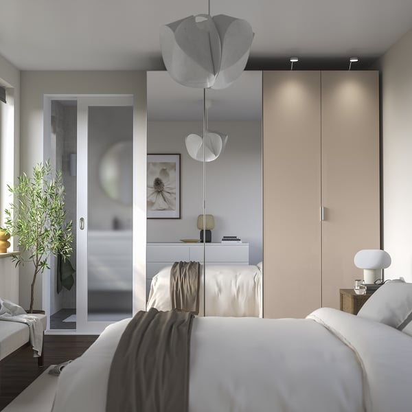 PAX / FARDAL/ÅHEIM wardrobe combination, grey-beige high-gloss/light orange mirror glass, 200x60x236 cm