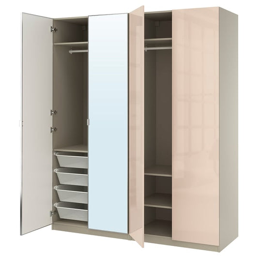 PAX / FARDAL/ÅHEIM Wardrobe combination, glossy gray-beige/salmon glass mirror, 200x60x236 cm