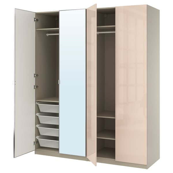 PAX / FARDAL/ÅHEIM - PAX / FARDAL/ÅHEIM Wardrobe combination, grey-beige high-gloss/light orange mirror glass, 200x60x236 cm