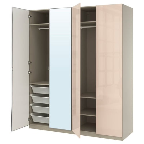 PAX / FARDAL/ÅHEIM - PAX / FARDAL/ÅHEIM Wardrobe combination, grey-beige high-gloss/light orange mirror glass, 200x60x236 cm