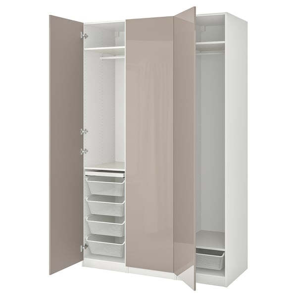PAX / FARDAL wardrobe combination, white/high-gloss dark beige, 150x60x236 cm