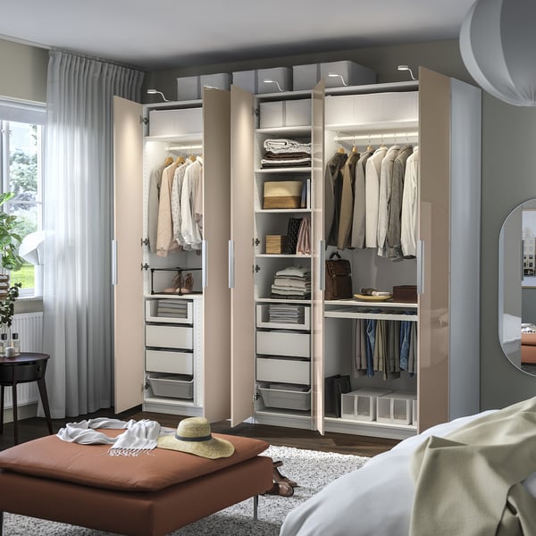 PAX / FARDAL Wardrobe combination, white/glossy salmon, 250x60x236 cm