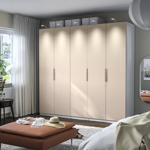 PAX / FARDAL Wardrobe combination, white/glossy salmon, 250x60x236 cm