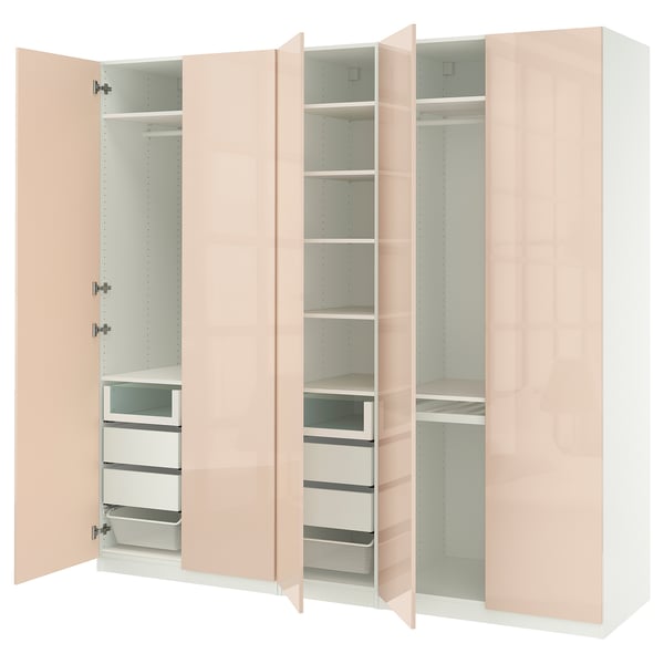 PAX / FARDAL Wardrobe combination, white/glossy salmon, 250x60x236 cm