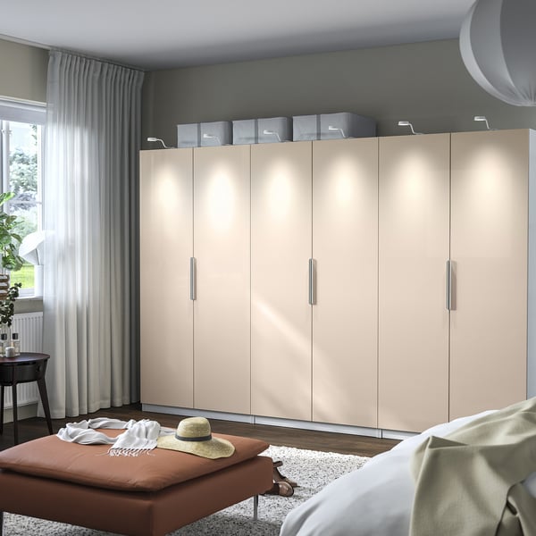 PAX / FARDAL wardrobe combination, white/high-gloss light orange, 300x60x201 cm