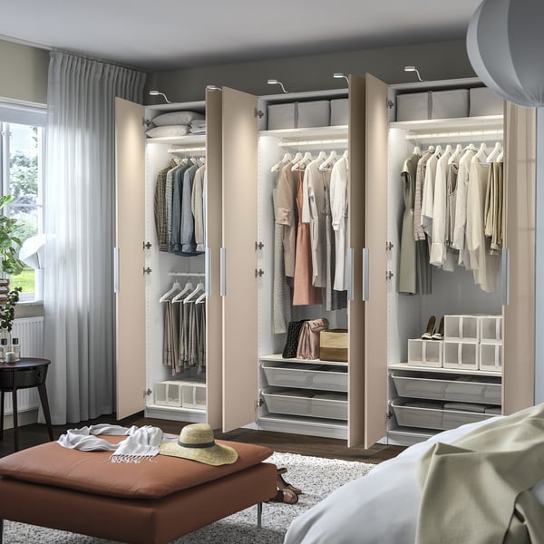 PAX / FARDAL wardrobe combination, white/high-gloss light orange, 300x60x236 cm