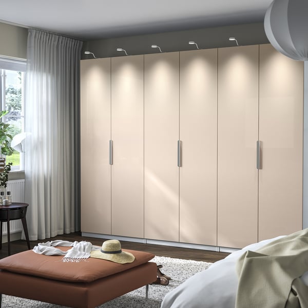 PAX / FARDAL wardrobe combination, white/high-gloss light orange, 300x60x236 cm