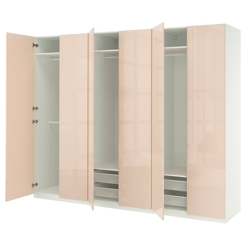 PAX / FARDAL Wardrobe combination, white/glossy salmon, 300x60x236 cm
