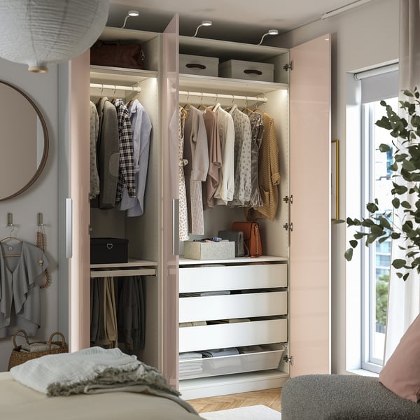 PAX / FARDAL Wardrobe combination, white/glossy salmon, 150x60x236 cm
