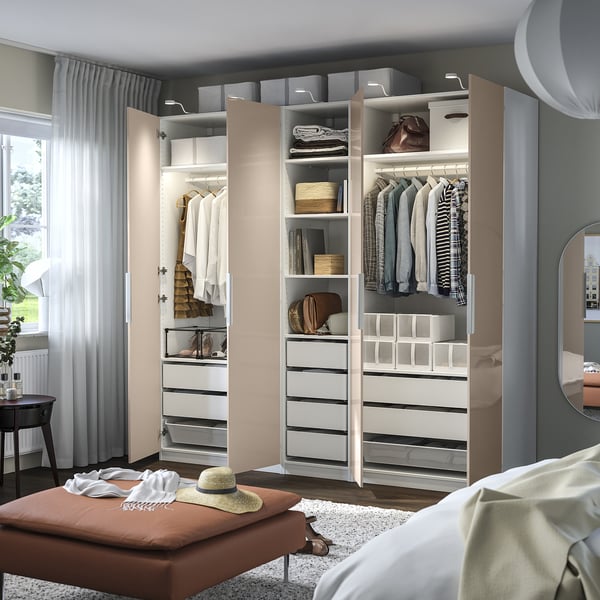 PAX / FARDAL wardrobe combination, white/high-gloss light orange, 250x60x236 cm