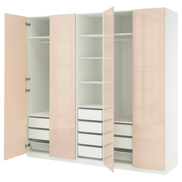 PAX / FARDAL Wardrobe combination, white/glossy salmon, 250x60x236 cm