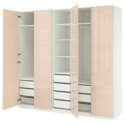 PAX / FARDAL Wardrobe combination, white/glossy salmon, 250x60x236 cm