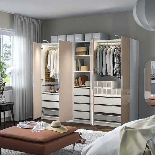 PAX / FARDAL wardrobe combination, white/high-gloss light orange, 250x60x201 cm