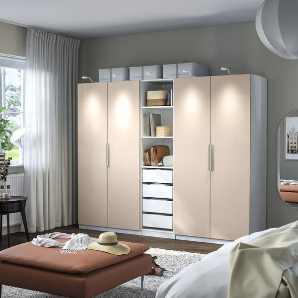 PAX / FARDAL wardrobe combination, white/high-gloss light orange, 250x60x201 cm