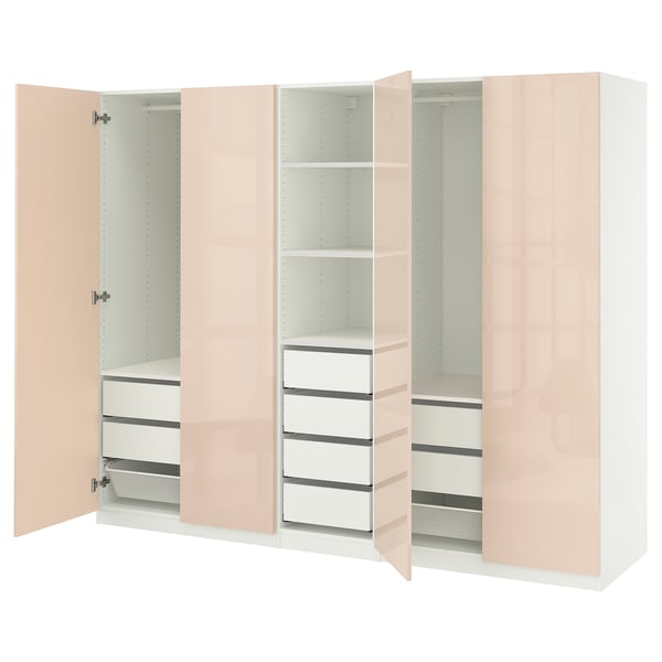 PAX / FARDAL wardrobe combination, white/high-gloss light orange, 250x60x201 cm