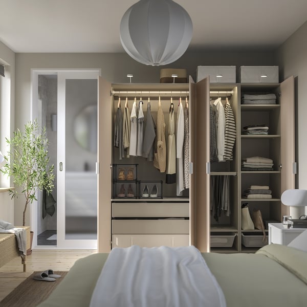PAX / FARDAL wardrobe combination, grey-beige/high-gloss light orange, 200x60x201 cm