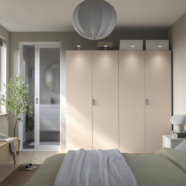 PAX / FARDAL wardrobe combination, grey-beige/high-gloss light orange, 200x60x201 cm