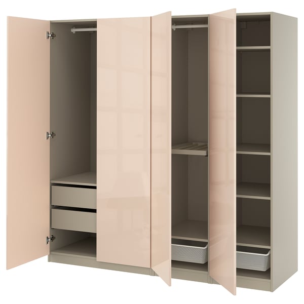PAX / FARDAL wardrobe combination, grey-beige/high-gloss light orange, 200x60x201 cm
