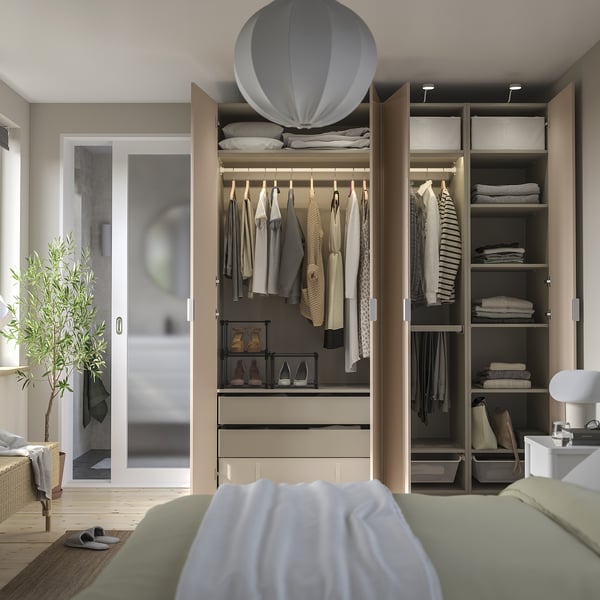 PAX / FARDAL wardrobe combination, grey-beige/high-gloss light orange, 200x60x236 cm