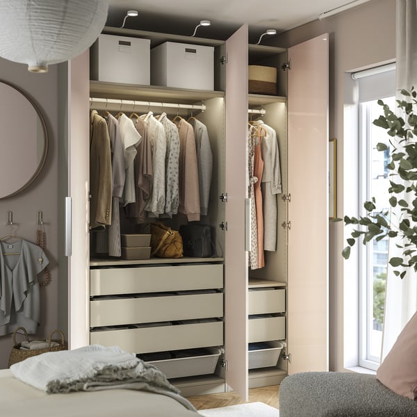 PAX / FARDAL wardrobe combination, grey-beige/high-gloss light orange, 150x60x236 cm