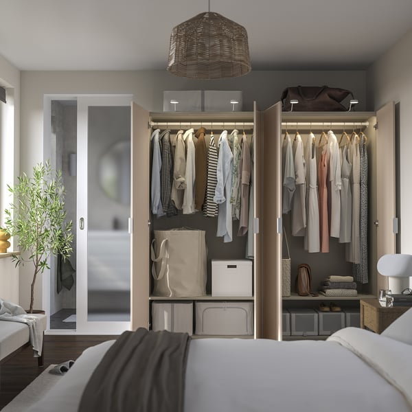 PAX / FARDAL wardrobe combination, grey-beige/high-gloss light orange, 200x60x201 cm