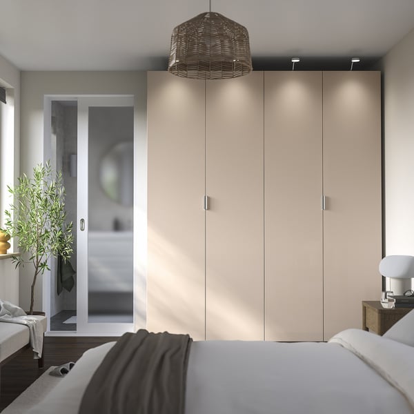 PAX / FARDAL wardrobe combination, grey-beige/high-gloss light orange, 200x60x236 cm