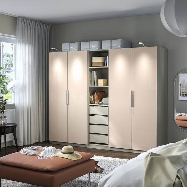 PAX / FARDAL wardrobe combination, grey-beige/high-gloss light orange, 250x60x201 cm