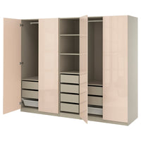 PAX / FARDAL wardrobe combination, grey-beige/high-gloss light orange, 250x60x201 cm