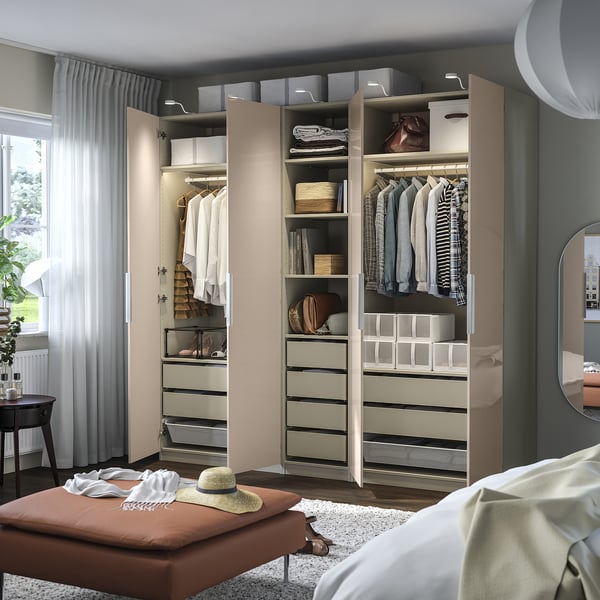 PAX / FARDAL wardrobe combination, grey-beige/high-gloss light orange, 250x60x236 cm