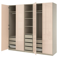 PAX / FARDAL wardrobe combination, grey-beige/high-gloss light orange, 250x60x236 cm