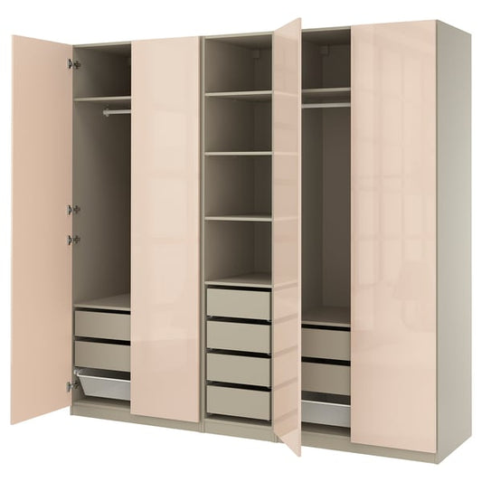 PAX / FARDAL Wardrobe combination, gray-beige/salmon gloss, 250x60x236 cm