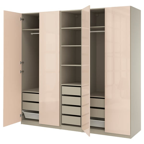 PAX / FARDAL - PAX / FARDAL Wardrobe combination, grey-beige/high-gloss light orange, 250x60x236 cm