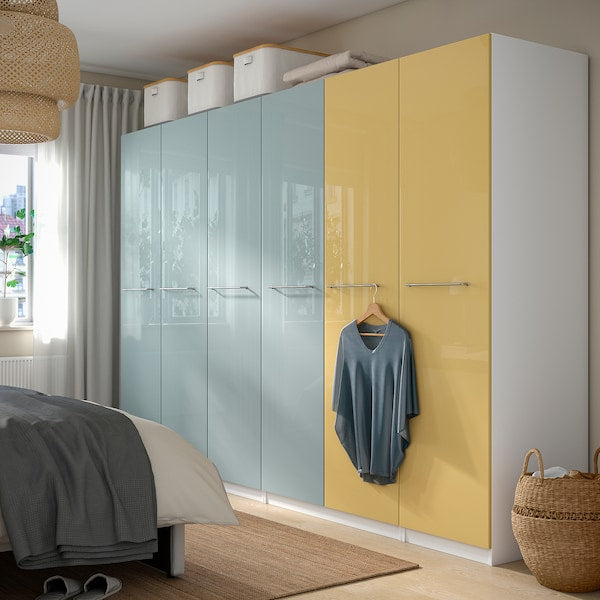 PAX / FARDAL - Wardrobe combination, glossy blue light grey / glossy yellow,300x60x201 cm