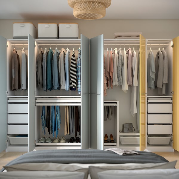 PAX / FARDAL - Wardrobe combination, glossy blue light grey / glossy yellow,300x60x201 cm