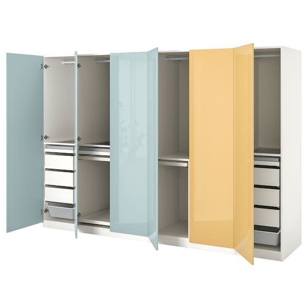 PAX / FARDAL - Wardrobe combination, glossy blue light grey / glossy yellow,300x60x201 cm