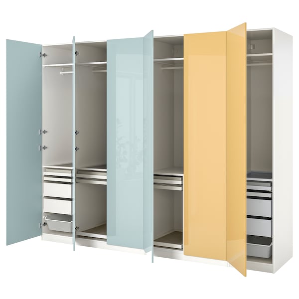 PAX / FARDAL - Wardrobe combination, glossy blue light grey / glossy yellow,300x60x236 cm