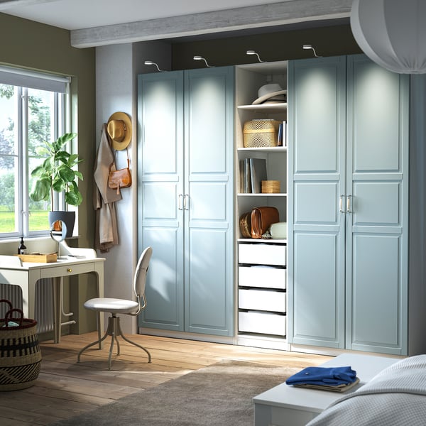 PAX / FJÄREHALS wardrobe combination, white/light grey-blue, 250x236x60 cm