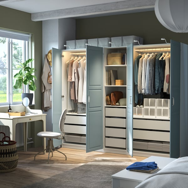 PAX / FJÄREHALS - Wardrobe combination, white/grey-blue,250x60x201 cm