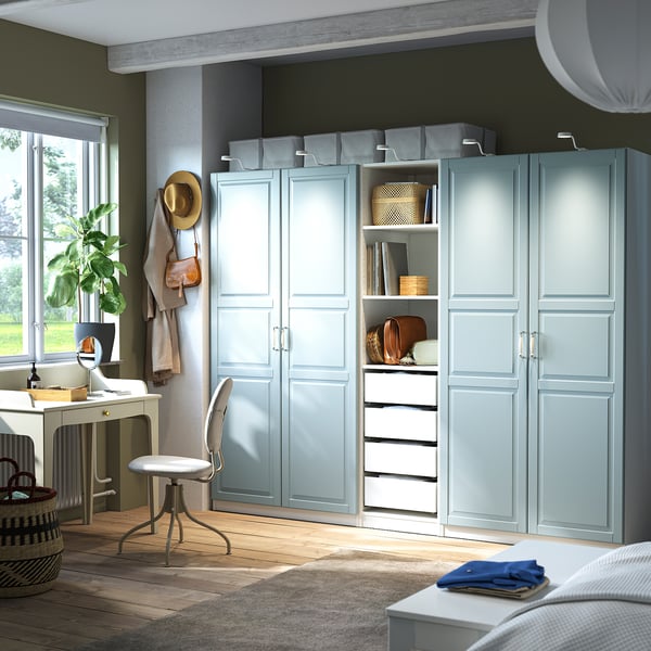 PAX / FJÄREHALS - Wardrobe combination, white/grey-blue,250x60x201 cm