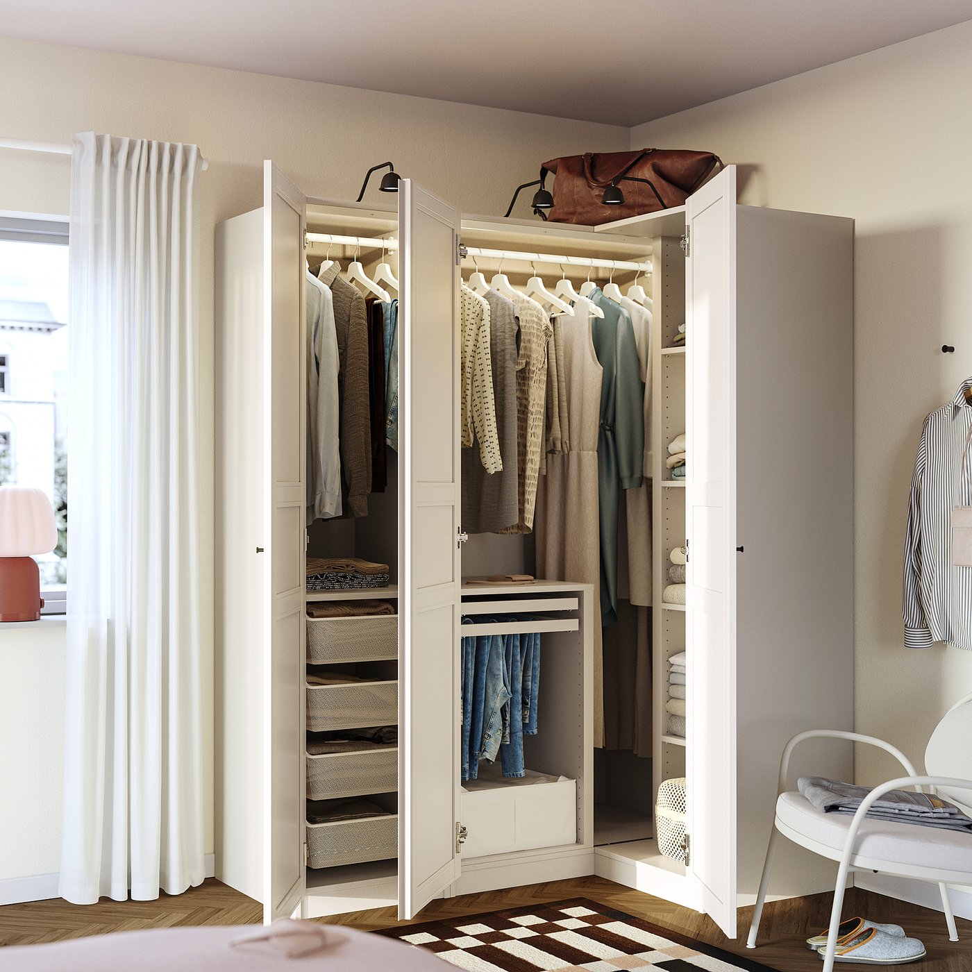 PAX / FLISBERGET corner wardrobe, grey-beige/light beige, 161/111x201 cm