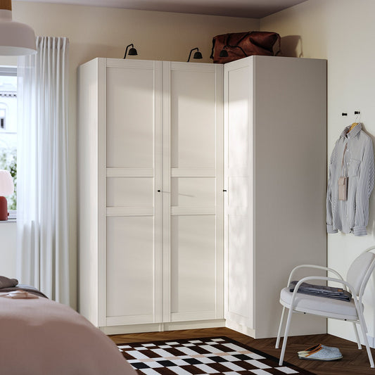 PAX / FLISBERGET corner wardrobe, grey-beige/light beige, 161/111x201 cm