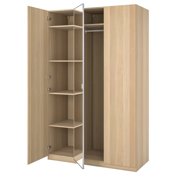 PAX / FORSAND/ÅHEIM wardrobe combination, white stained oak effect/mirror glass, 150x60x236 cm